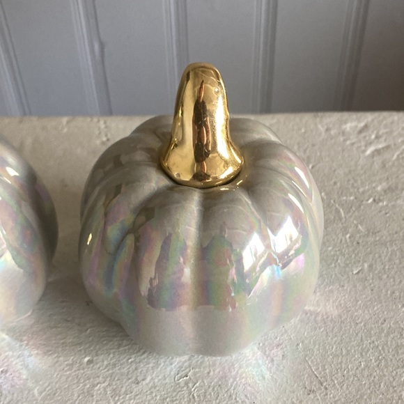 SOLD NWT Set of 2- Gray Iridescent Ceramic Pumpkins w/ Gold Stems Decorations - Picture 9 of 16